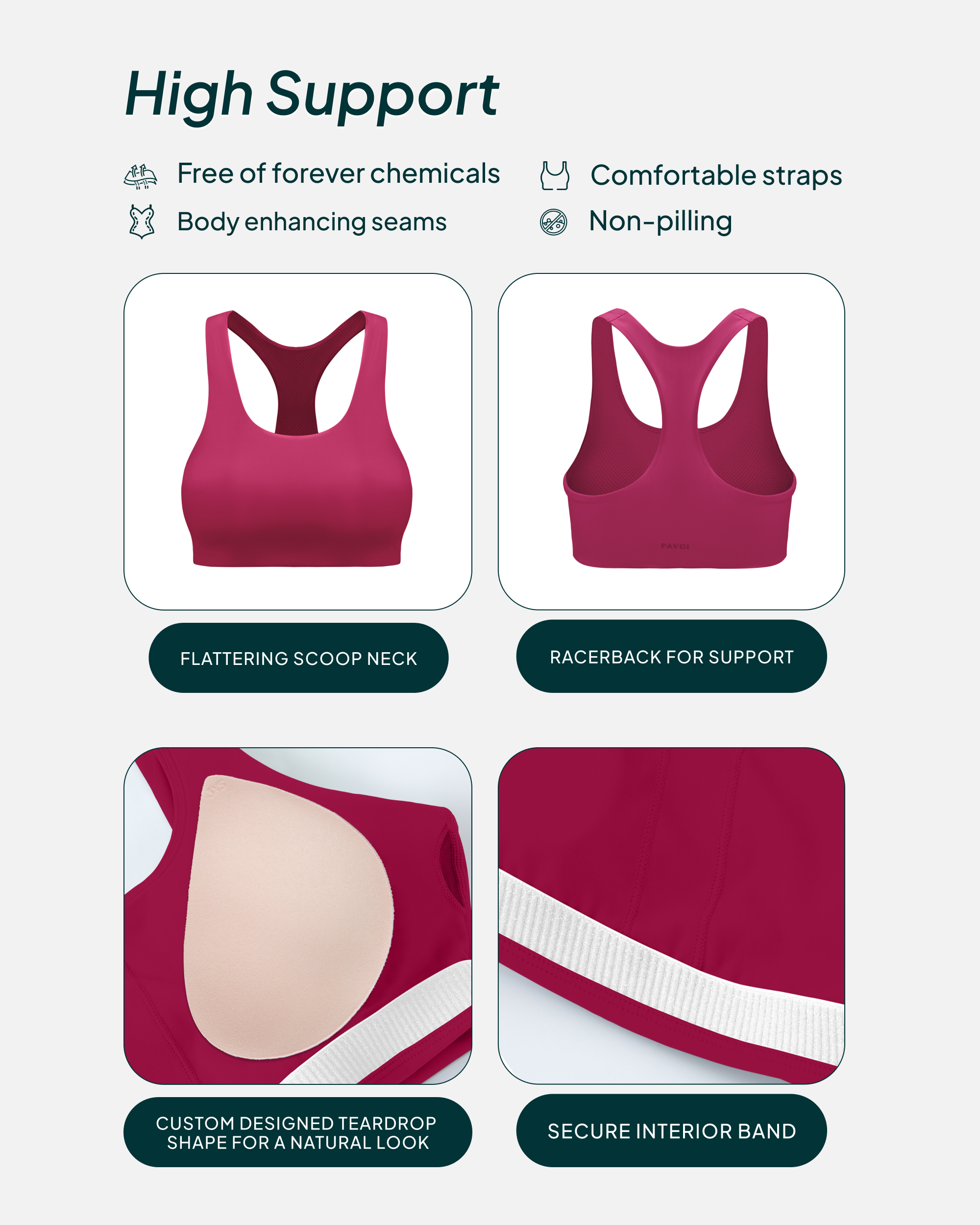 PAVOI Active Seamless Racerback Sports Bra For Women - Double Layer, Medium Support, Removable Pads