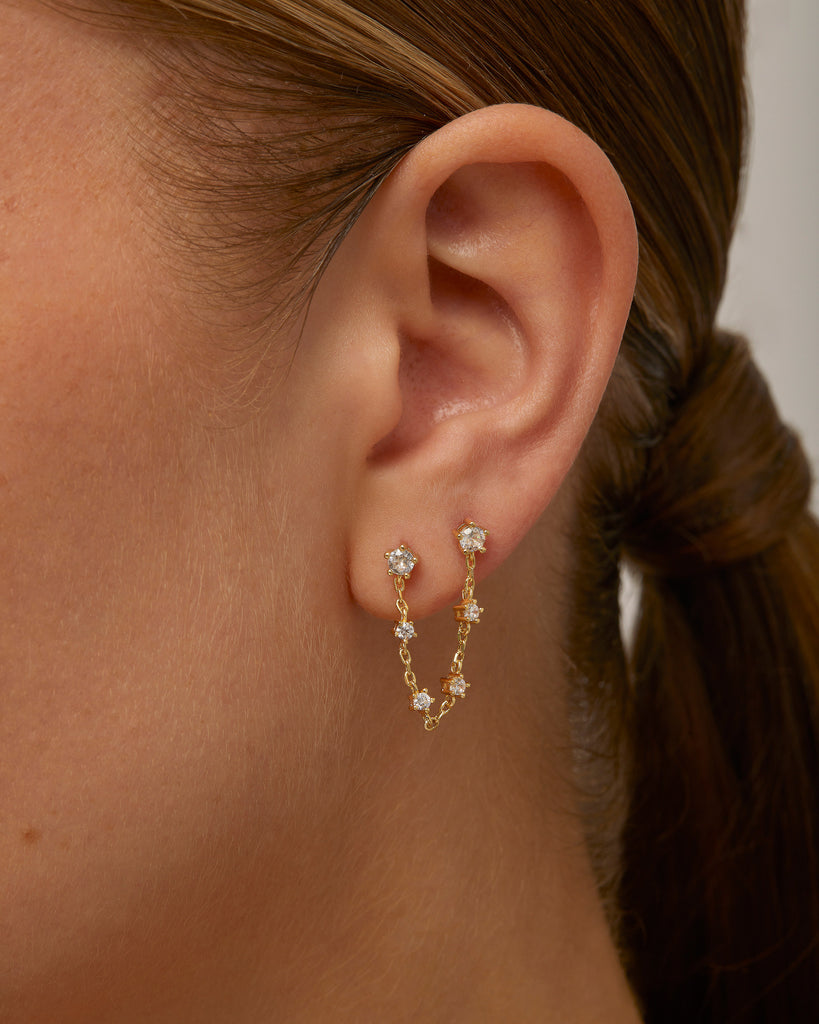 Chained Station Double Piercing Studs  Earring 