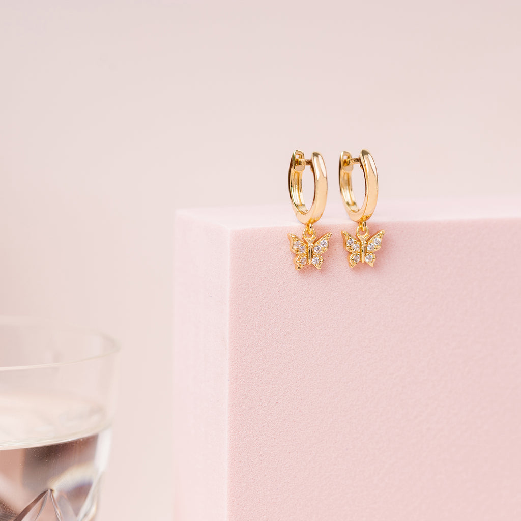 Drop Butterfly Huggies Yellow Gold Earring 