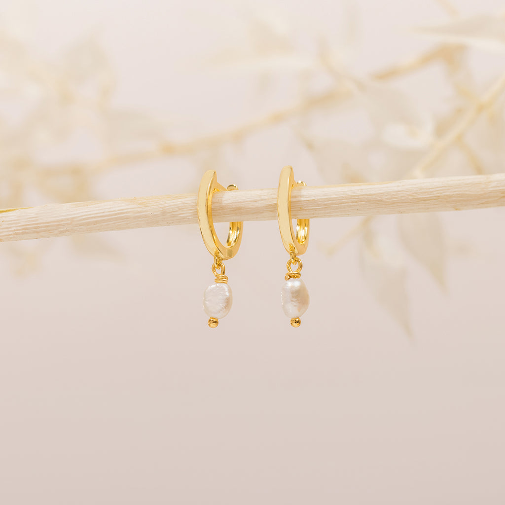 Drop Pearl Huggies Yellow Gold Earring 