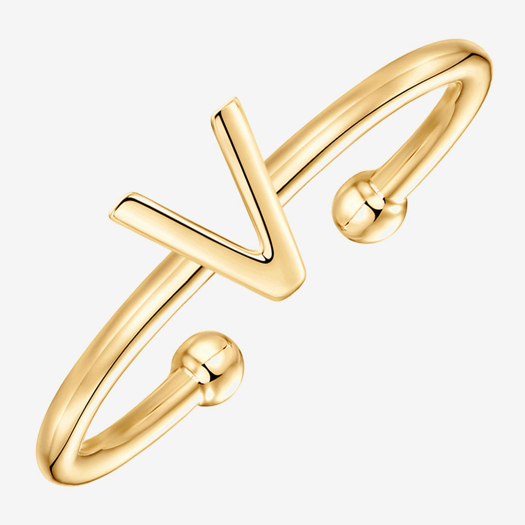 Thin Initial Ring V, Yellow Gold Ring 